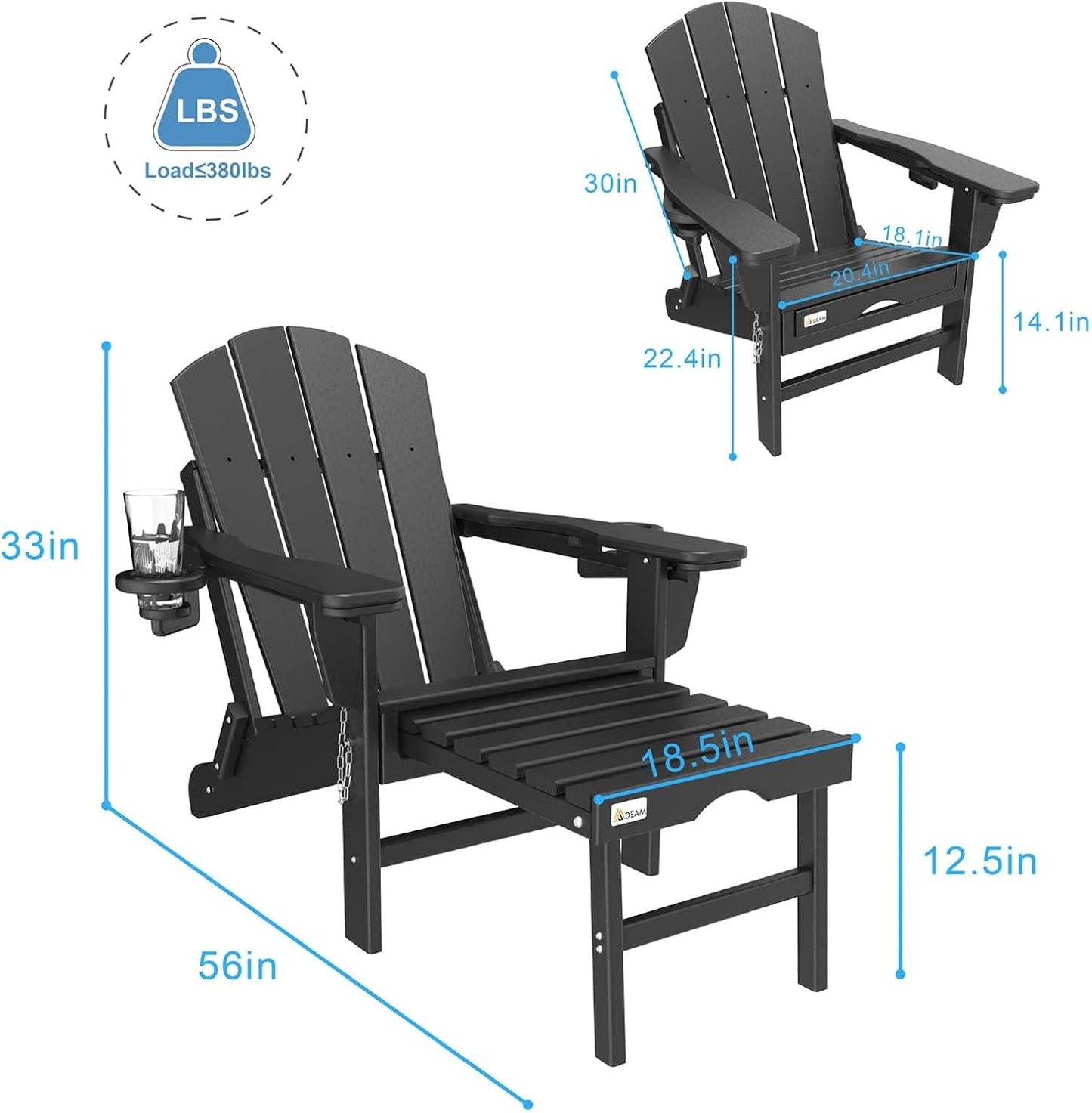 3-Level Adjustable Adirondack Chair with Retractable Ottoman, HDPE All-Weather Folding Fire Pit Chair with 2 Cup Holders, Outdoor Chair for Deck Patio Garden Backyard Lawn (Black)