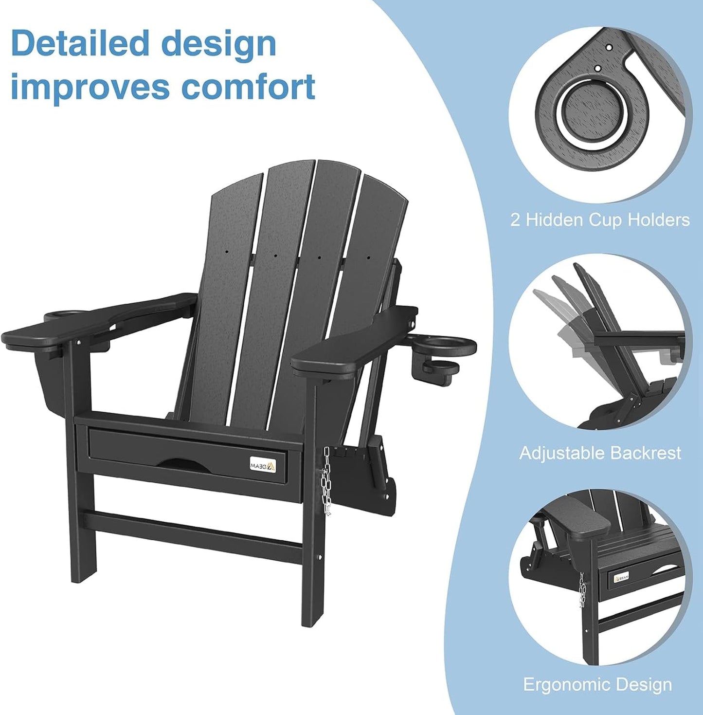 3-Level Adjustable Adirondack Chair with Retractable Ottoman, HDPE All-Weather Folding Fire Pit Chair with 2 Cup Holders, Outdoor Chair for Deck Patio Garden Backyard Lawn (Black)