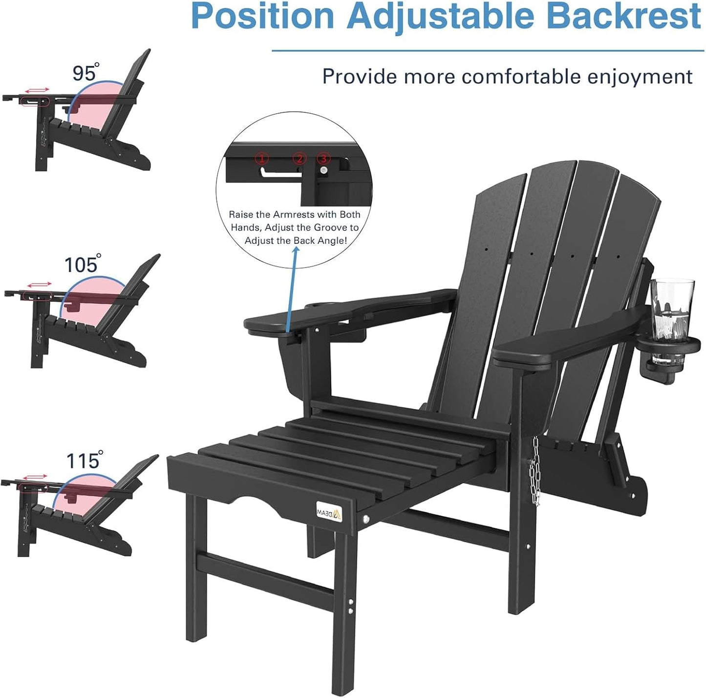 3-Level Adjustable Adirondack Chair with Retractable Ottoman, HDPE All-Weather Folding Fire Pit Chair with 2 Cup Holders, Outdoor Chair for Deck Patio Garden Backyard Lawn (Black)