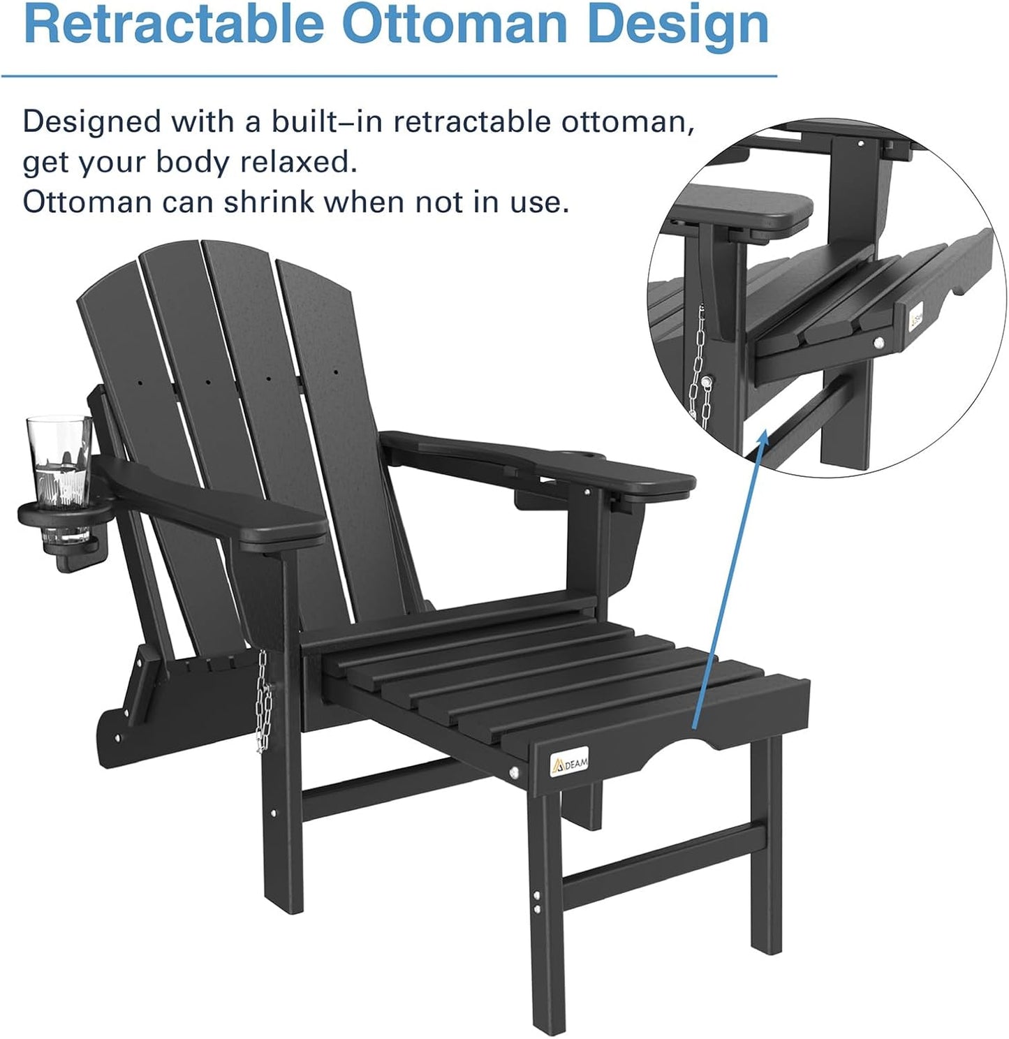 3-Level Adjustable Adirondack Chair with Retractable Ottoman, HDPE All-Weather Folding Fire Pit Chair with 2 Cup Holders, Outdoor Chair for Deck Patio Garden Backyard Lawn (Black)