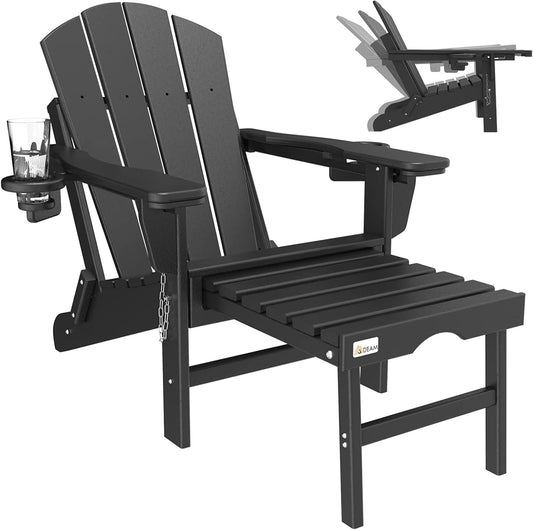 3-Level Adjustable Adirondack Chair with Retractable Ottoman, HDPE All-Weather Folding Fire Pit Chair with 2 Cup Holders, Outdoor Chair for Deck Patio Garden Backyard Lawn (Black)