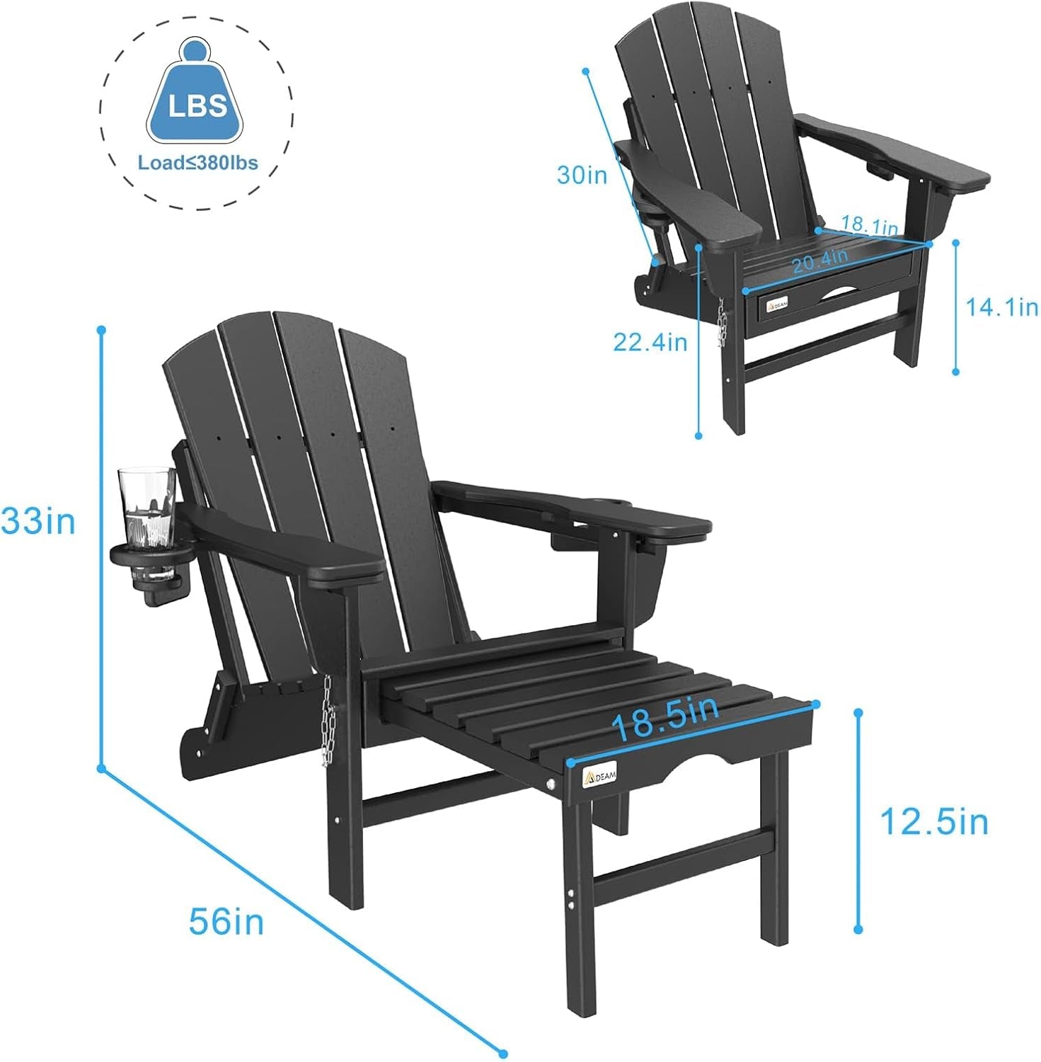 3-Level Adjustable Adirondack Chair with Retractable Ottoman, HDPE All-Weather Folding Fire Pit Chair with 2 Cup Holders, Outdoor Chair for Deck Patio Garden Backyard Lawn (Black)