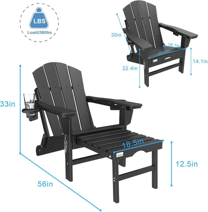 3-Level Adjustable Adirondack Chair with Retractable Ottoman, HDPE All-Weather Folding Fire Pit Chair with 2 Cup Holders, Outdoor Chair for Deck Patio Garden Backyard Lawn (Black)