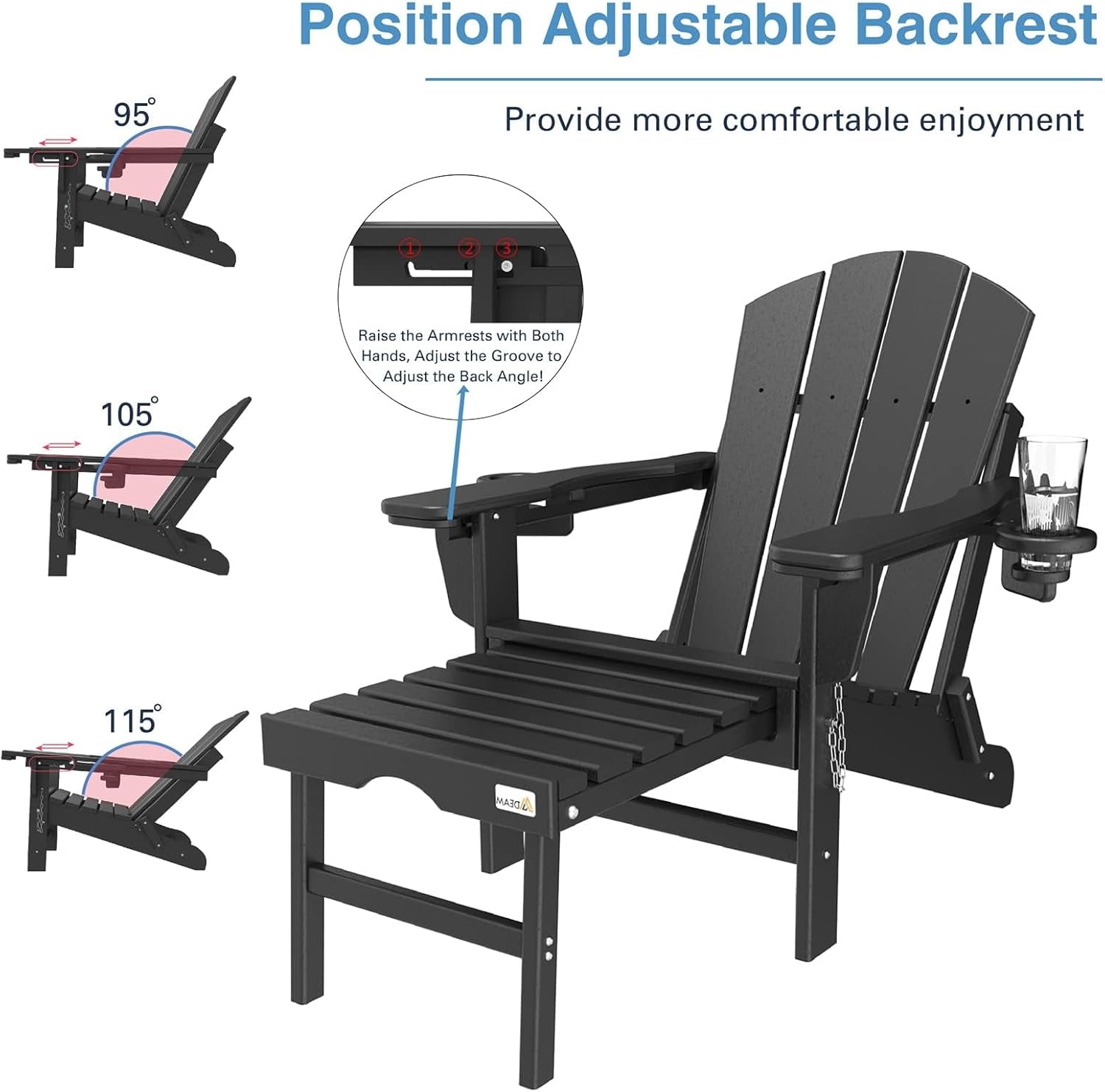 3-Level Adjustable Adirondack Chair with Retractable Ottoman, HDPE All-Weather Folding Fire Pit Chair with 2 Cup Holders, Outdoor Chair for Deck Patio Garden Backyard Lawn (Black)
