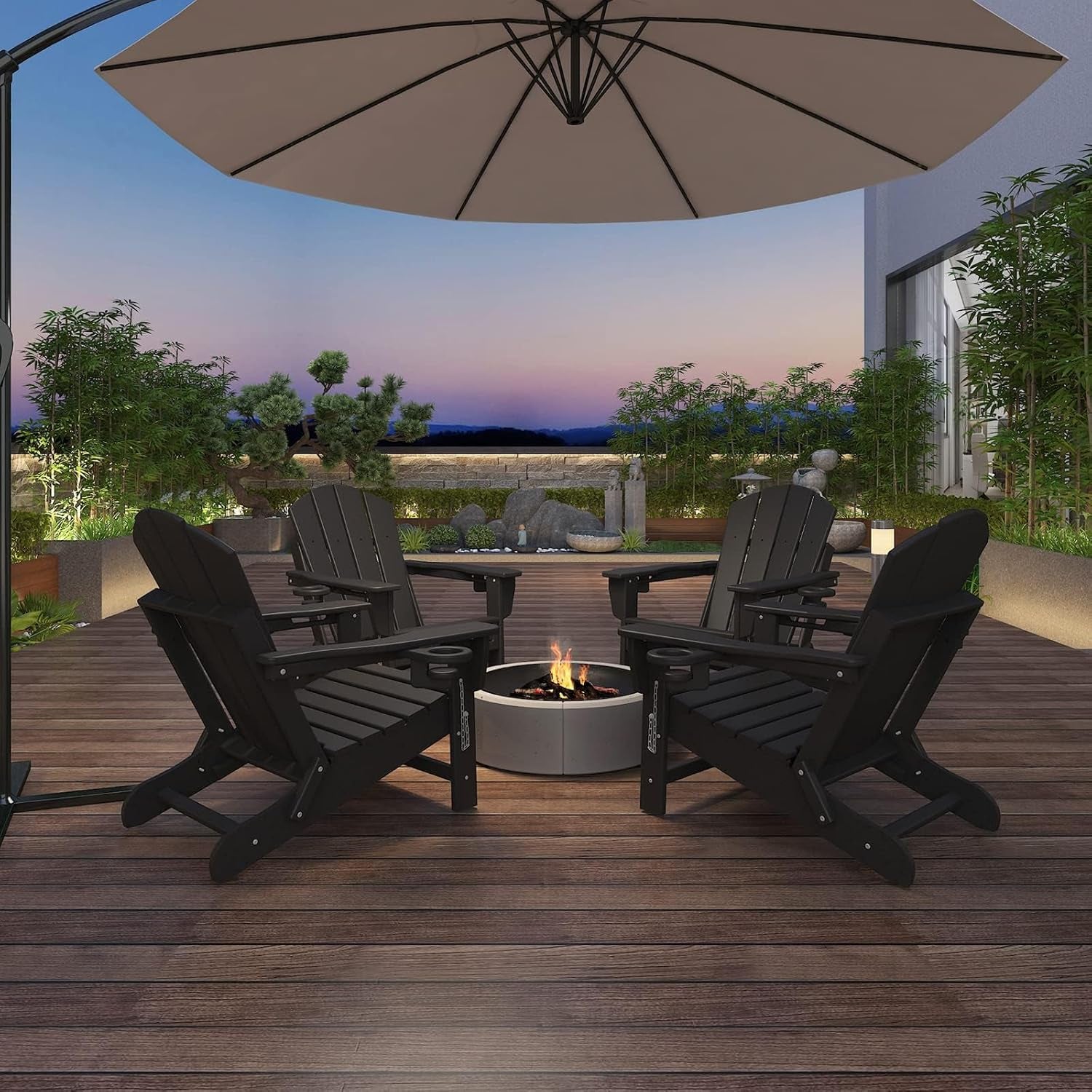 3-Level Adjustable Adirondack Chair with Retractable Ottoman, HDPE All-Weather Folding Fire Pit Chair with 2 Cup Holders, Outdoor Chair for Deck Patio Garden Backyard Lawn (Black)